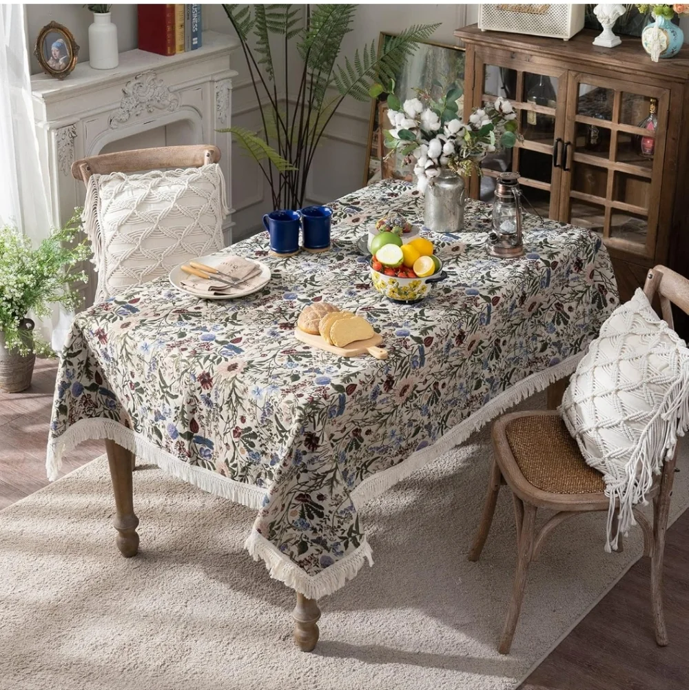 SUTAVIA French Floral Tablecloth Hand-Made Cotton Fabric with Lace Vintage Berry